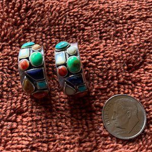 Sterling Silver & Colored Stone Hoop Earrings
